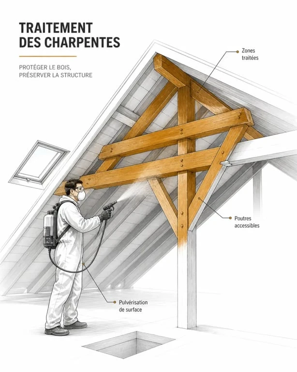 Traitement de charpente par pulvérisation dans des combles avec un technicien appliquant le produit sur les poutres