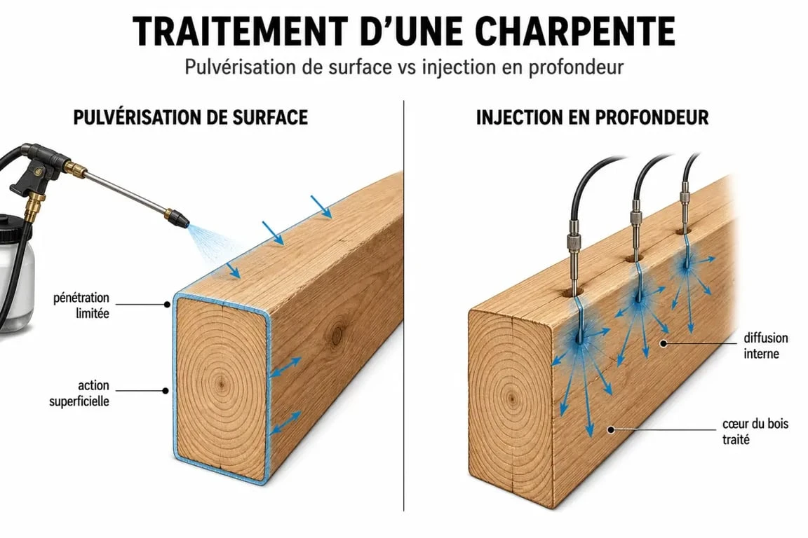 Traitement de charpente par pulvérisation comparé à l’injection en profondeur dans le bois