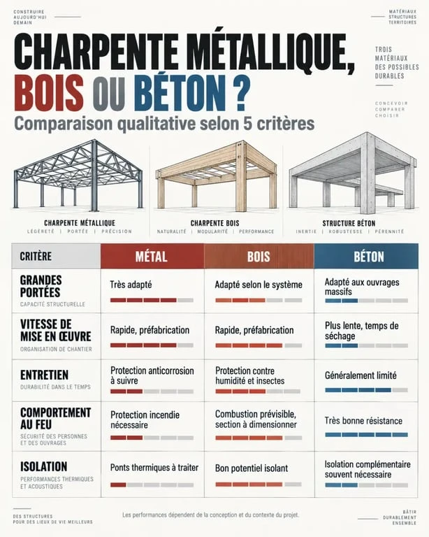 Comparaison entre charpente métallique, bois et béton