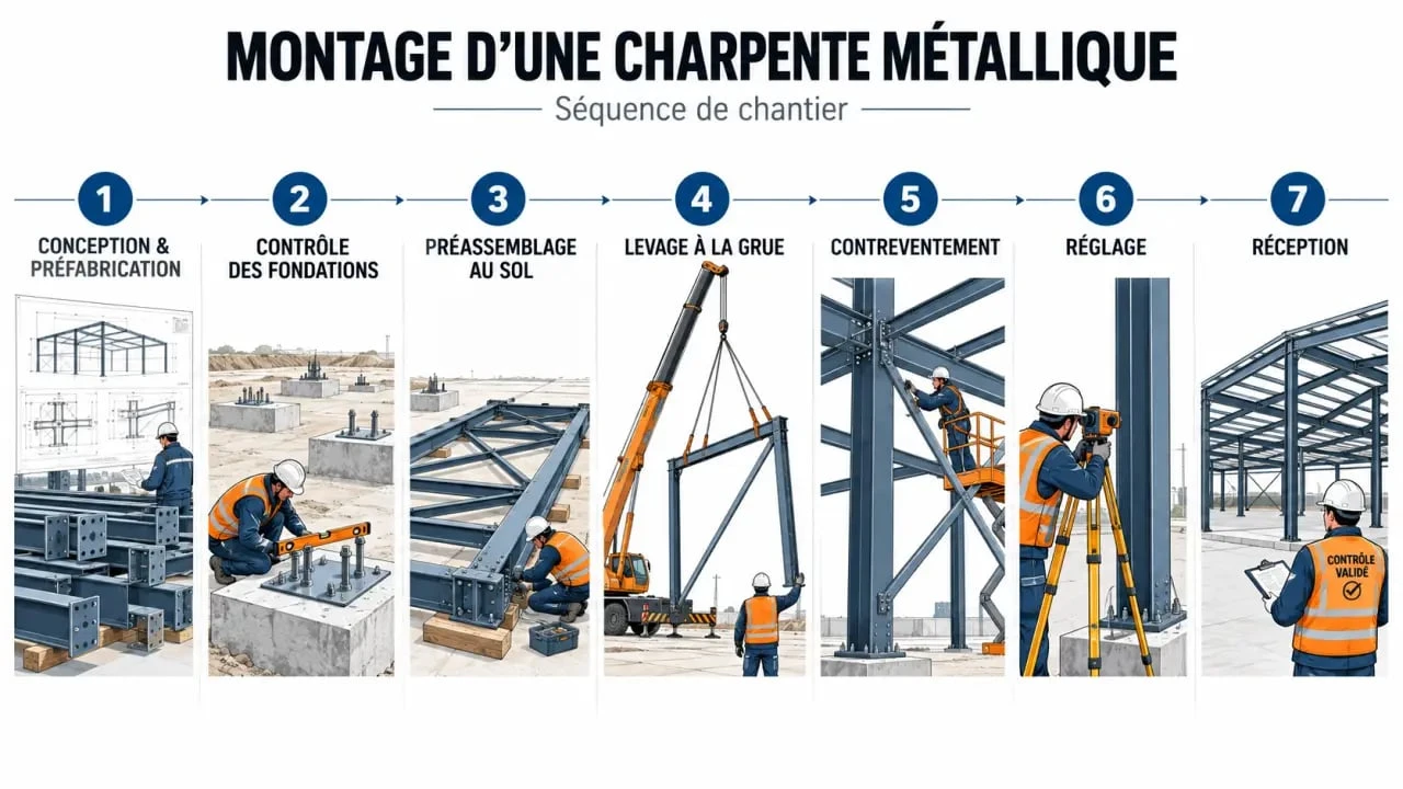 Étapes du montage d’une charpente métallique sur chantier