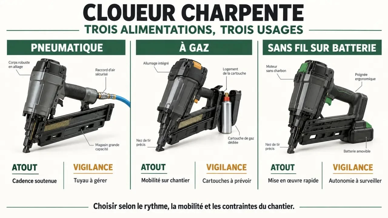 Comparatif visuel des alimentations d’un cloueur charpente pneumatique, à gaz et sur batterie