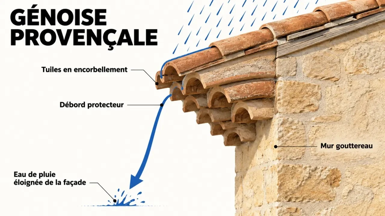 Schéma du rôle d'une génoise de toiture et de l'écoulement de l'eau vers l'extérieur de la façade