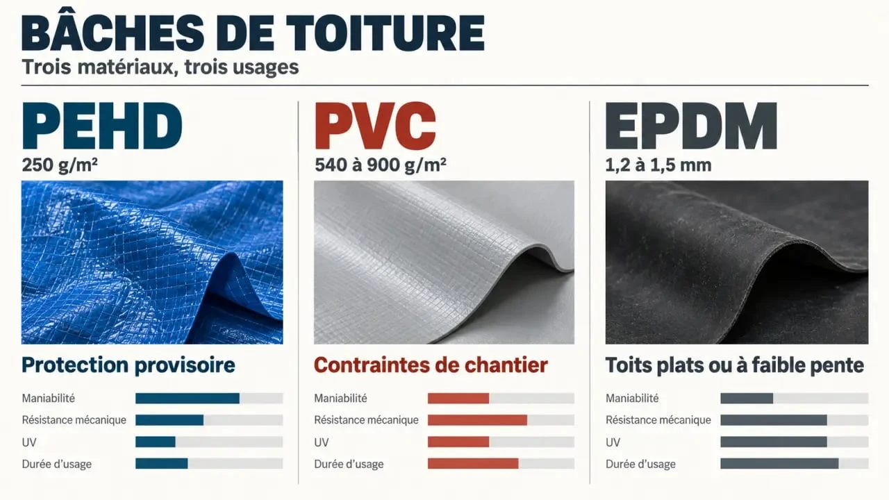 Bâche toiture : comparaison visuelle des matériaux PEHD, PVC et EPDM