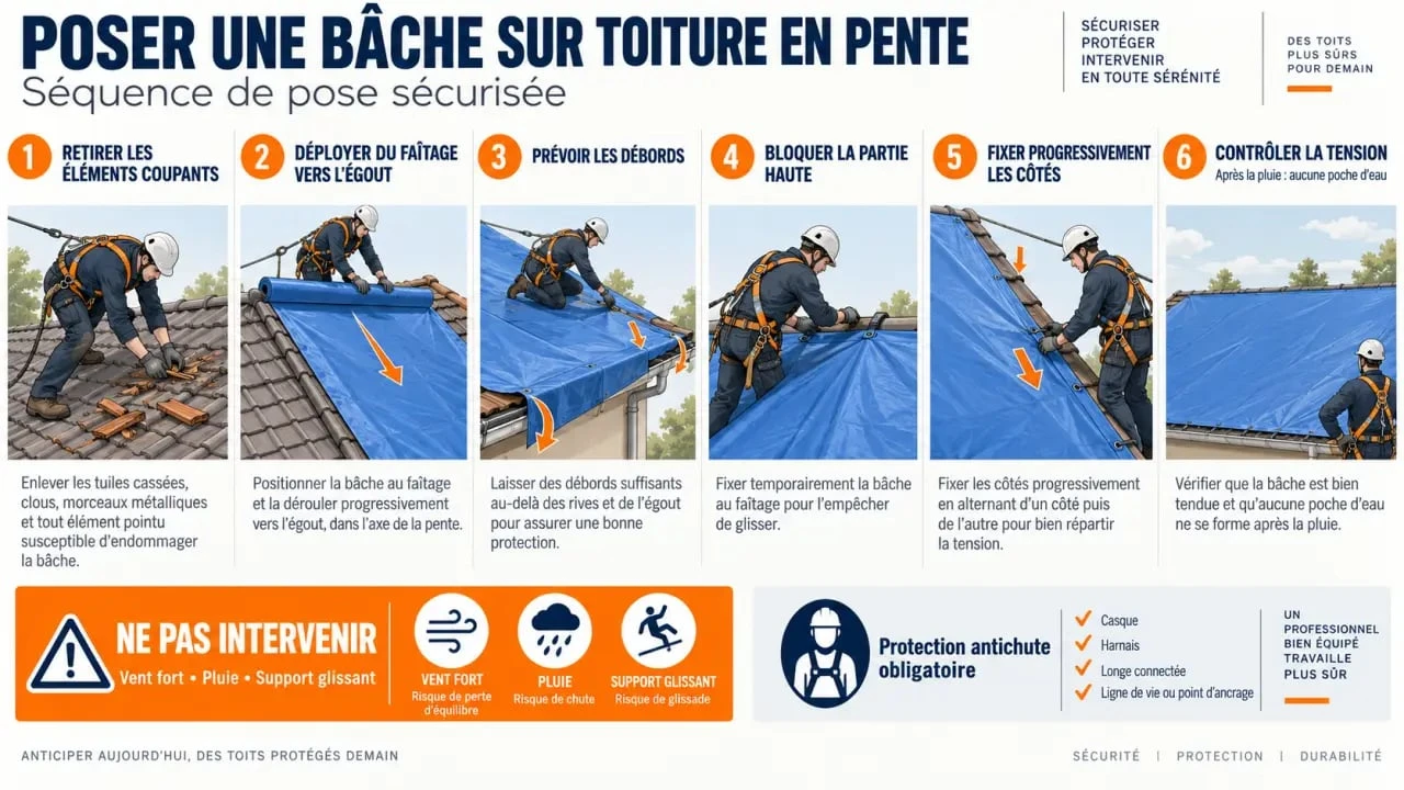 Bâche toiture : étapes sécurisées de pose sur une toiture en pente