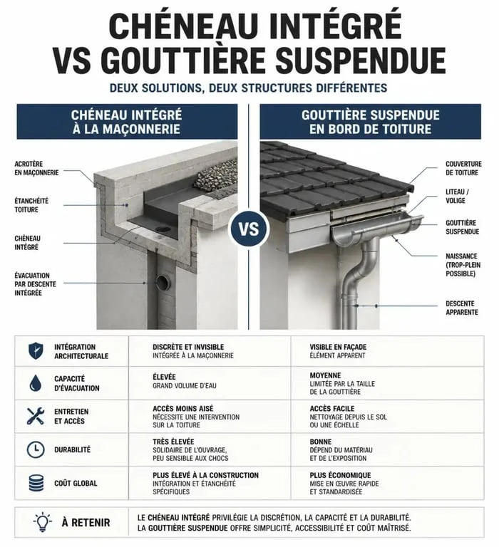 Comparatif visuel entre un chéneau et une gouttière pour l'évacuation des eaux pluviales