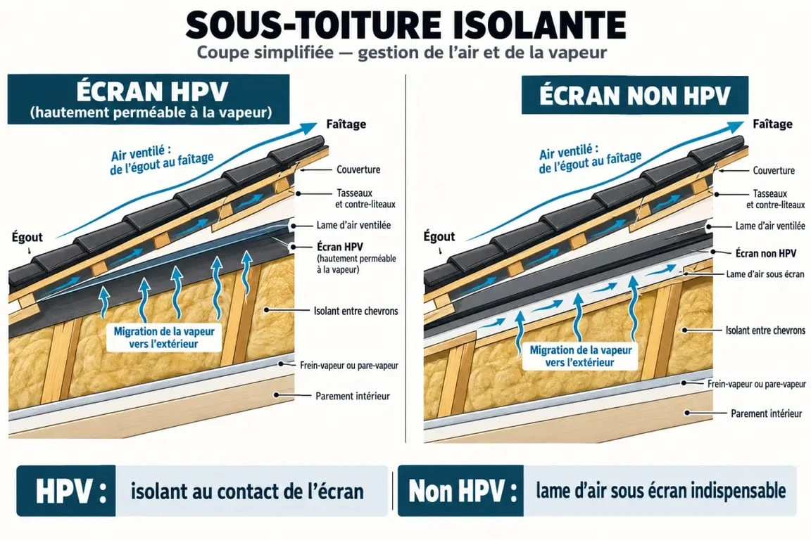 Schéma d’une sous toiture isolante avec isolant, écran HPV, lame d’air et pare-vapeur