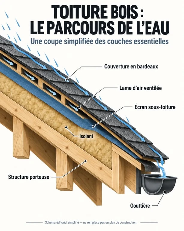 Infographie des couches d’une toiture bois et de la ventilation sous couverture