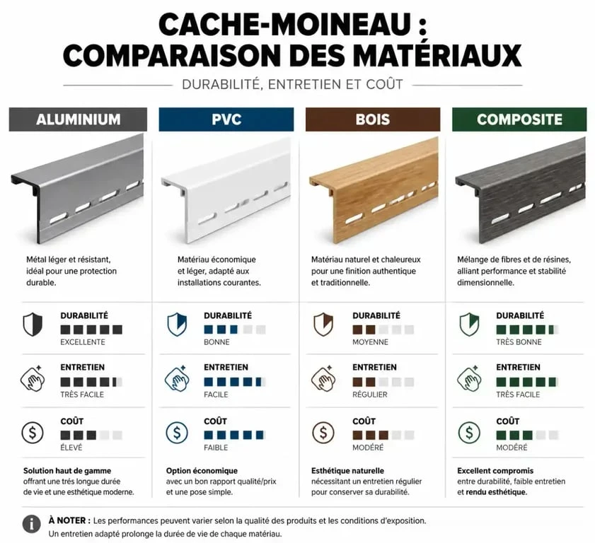 Comparatif des matériaux pour cache-moineau de toiture : aluminium, PVC, bois et composite