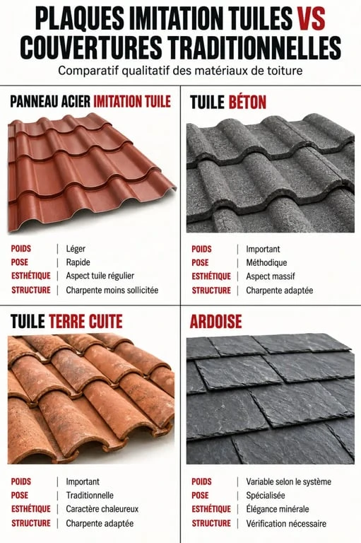 Infographie comparative des plaques de toiture imitation tuiles, tuiles béton, terre cuite et ardoise