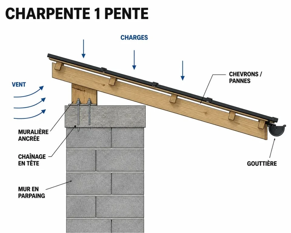 Charpente 1 pente sur parpaing avec chaînage, muralière et évacuation d’eau