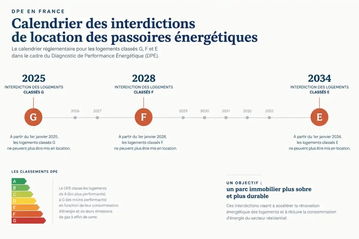 Calendrier réglementaire d'interdiction de location des passoires thermiques DPE G, F et E pour optimiser un investissement locatif