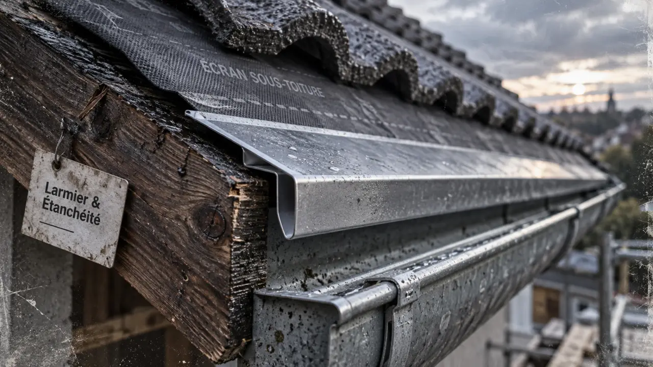 Larmier toiture guidant l’eau vers la gouttière, aluminium gris et planche de rive protégée