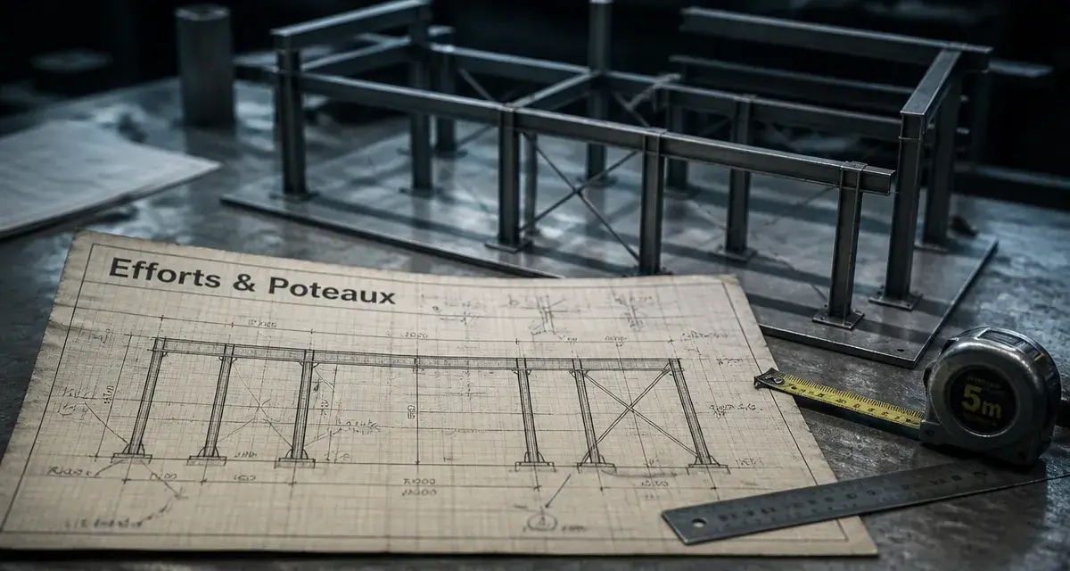 Schema charpente métallique : Efforts et poteaux, plan de charpente acier