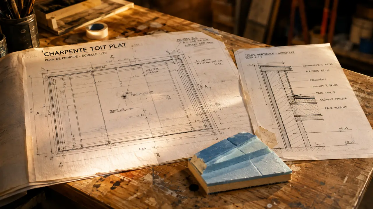 schema charpente toit plat : pentes vers évacuations