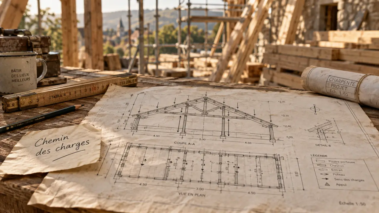 Charpente schéma : plan de charpente sur table d’atelier