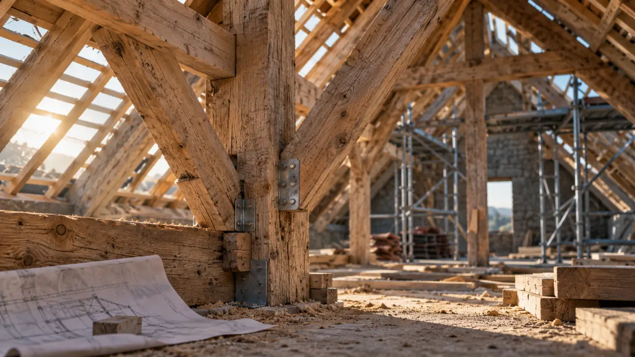 Charpente traditionnelle en bois, fermes de charpente et espace sous toiture