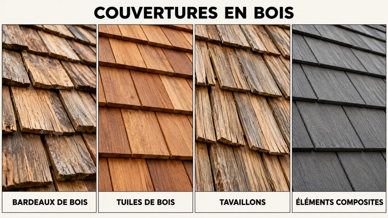 Infographie comparative des solutions de toiture en bois : bardeaux, tuiles de bois, tavaillons et composite