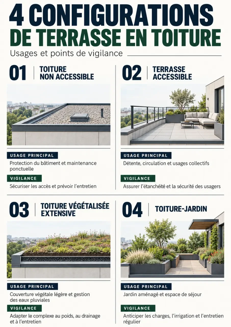 Infographie des configurations possibles pour une terrasse en toiture