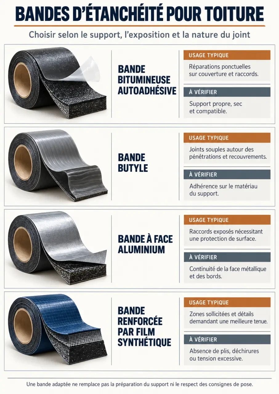 Comparatif des types de bande d’étanchéité toiture bitume, butyle, aluminium et renfort
