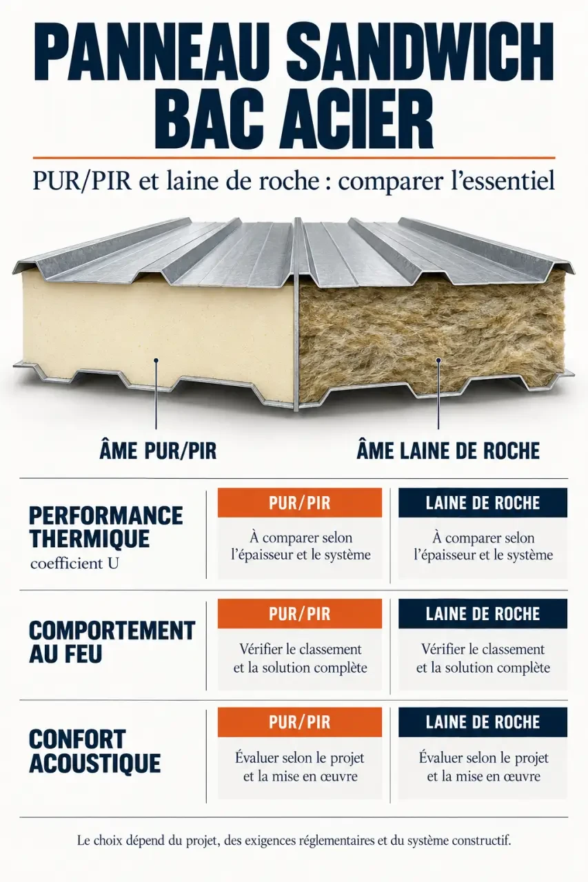 Infographie comparative sur le panneau sandwich bac acier et ses isolants PUR PIR ou laine de roche