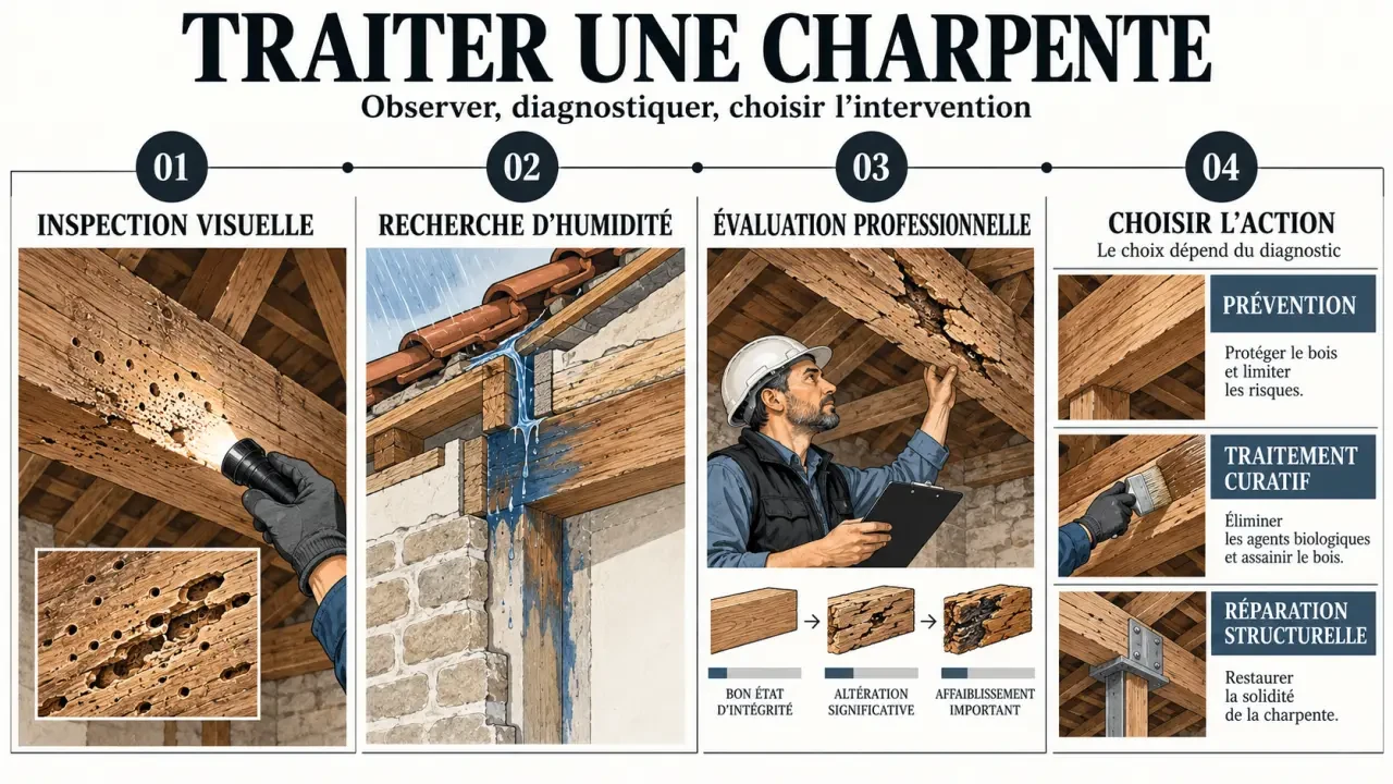 Étapes pour traiter la charpente : diagnostic des insectes, de l’humidité et des dégâts structurels