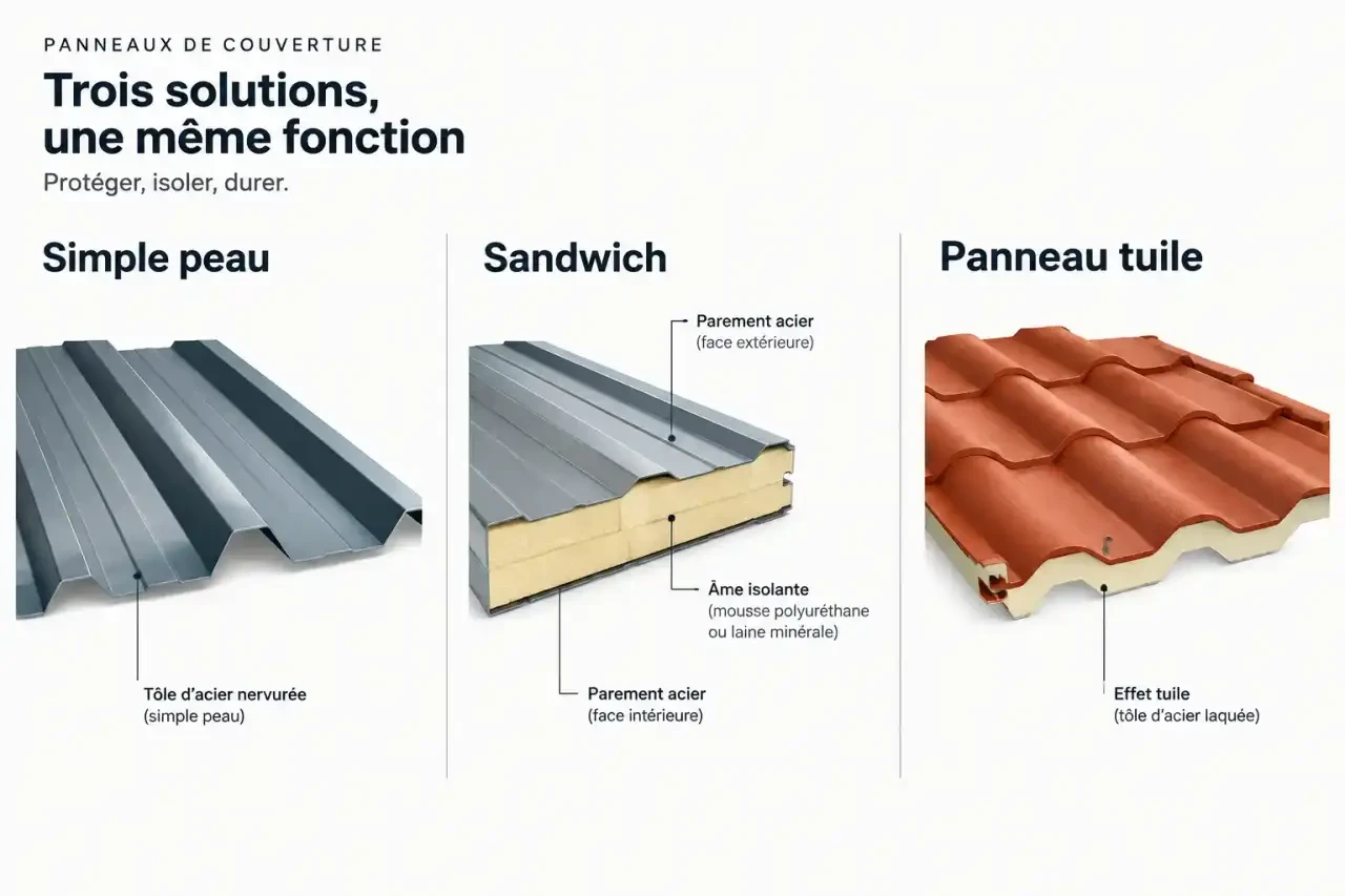 Schéma comparant les trois familles de bac acier Joris Ide : simple peau, panneau sandwich isolé et panneau tuile
