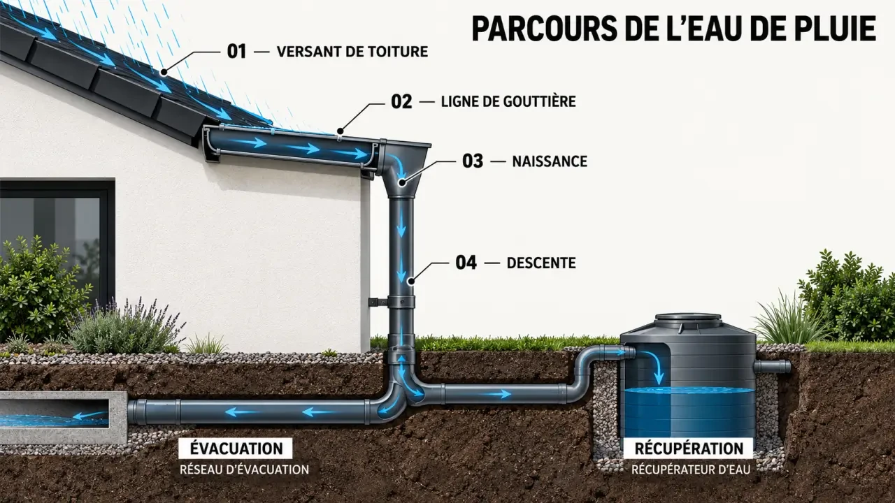 Schéma du parcours de l'eau et des éléments à prévoir dans le prix d'une gouttière