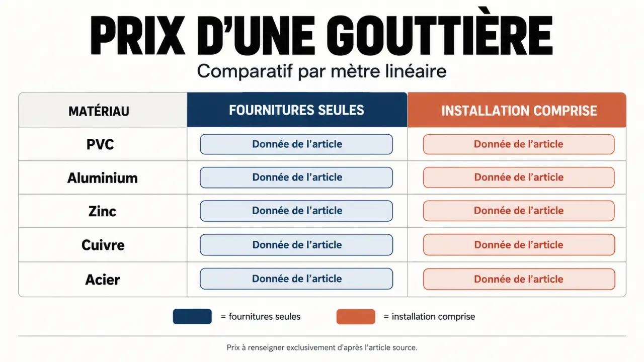 Infographie comparative du prix d'une gouttière selon le matériau, avec et sans pose