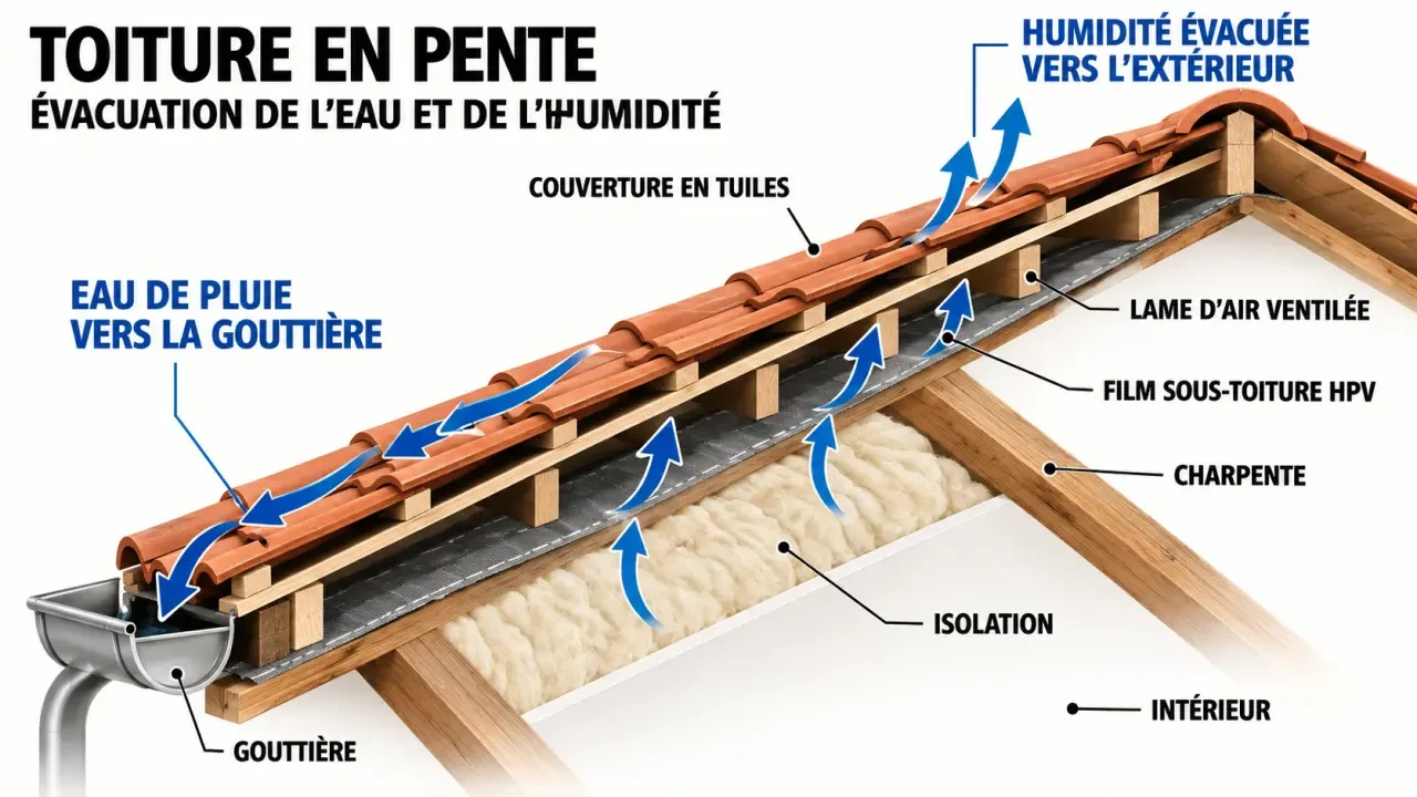 Schéma de position du film sous toiture HPV entre charpente, lame d’air et couverture