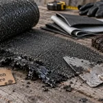 Goudron pour toiture : rouleau et membrane bitumineuse sur planche