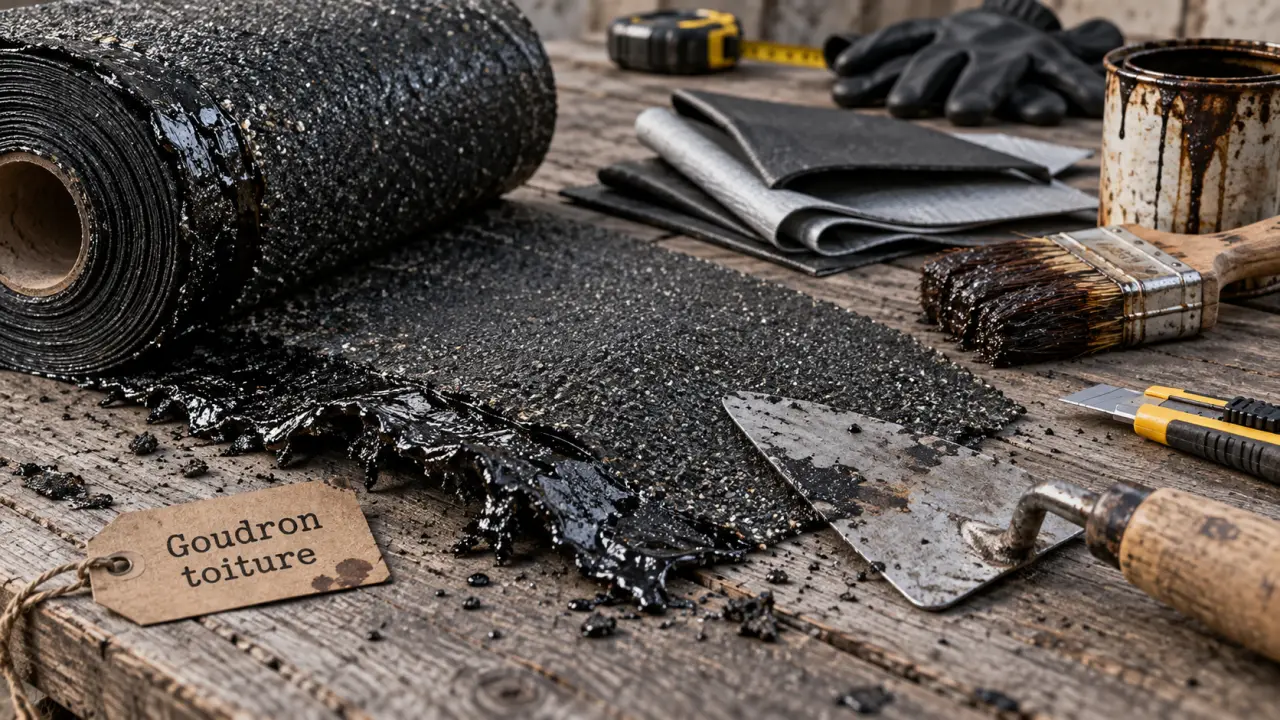 Goudron pour toiture : rouleau et membrane bitumineuse sur planche